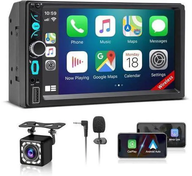Main image of 7" Wireless Double Din Car Stereo with Carplay, Android Auto, Bluetooth, Multimedia Car Audio Support Mirror Link, Backup Camera, FM/AM, HD Touchscreen, Aux Input Car Audio Receivers