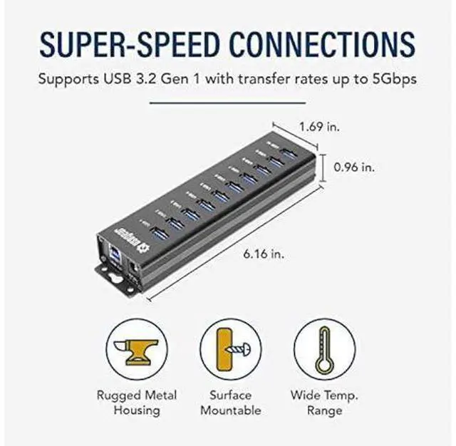 Alt view image 3 of 5 - USBGear 10-Port USB 3.2 Gen 1 Mountable Charging and SuperSpeed Data Hub with 5V/4A Power Adapter and USB Type-A to Type-B Cable Up to 900mA per Port Charging Function Wall and Surface Mounting