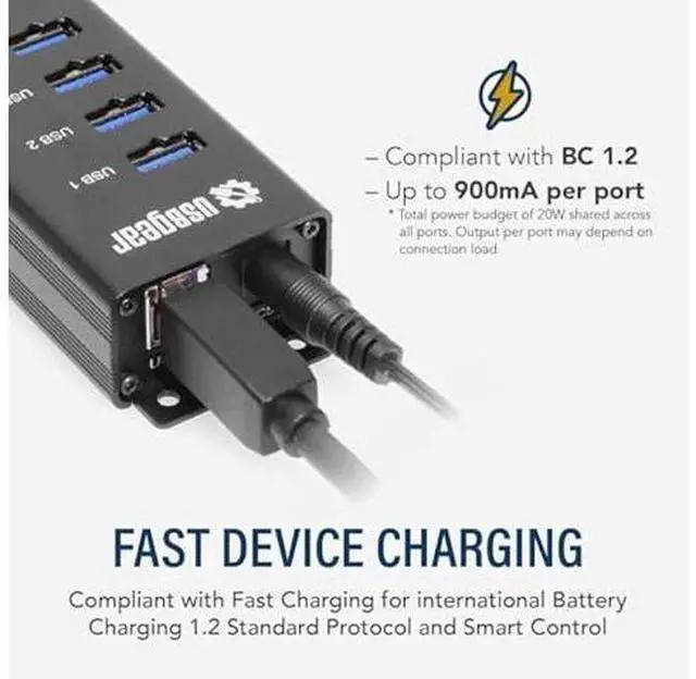 Alt view image 5 of 5 - USBGear 10-Port USB 3.2 Gen 1 Mountable Charging and SuperSpeed Data Hub with 5V/4A Power Adapter and USB Type-A to Type-B Cable Up to 900mA per Port Charging Function Wall and Surface Mounting