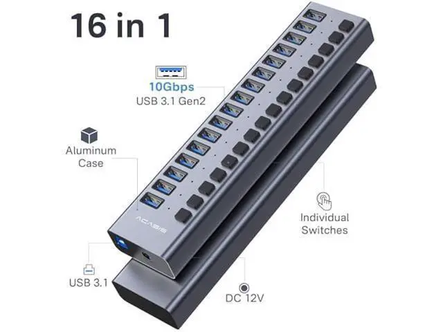 Alt view image 2 of 5 - Powered USB 3.1 Hub, ACASIS 16 Ports USB 3.1 Hub with 10Gbps Data SpeedAluminum Housing, USB Hub Powered with 96W Power Adapter, USB Hub for PC/Laptop, Computer, Flash Drive, Printer, Camera