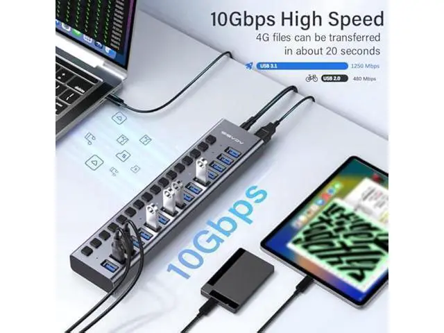 Alt view image 3 of 5 - Powered USB 3.1 Hub, ACASIS 16 Ports USB 3.1 Hub with 10Gbps Data SpeedAluminum Housing, USB Hub Powered with 96W Power Adapter, USB Hub for PC/Laptop, Computer, Flash Drive, Printer, Camera