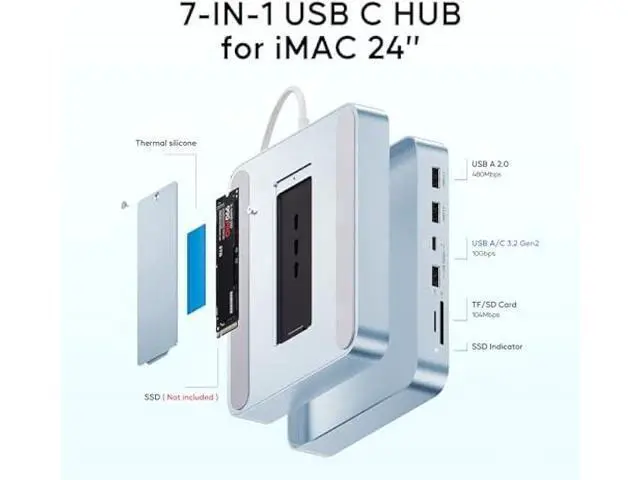 Alt view image 3 of 5 - USB C HUB for iMac 24 inch 2021/2023/2024, PULWTOP USB Hub Adapter iMac Accessories for iMac M1/M3/M4 with USB C 10Gbps 3*USB A SD/TF, Docking Station Support Expand M.2 SSD (Not Included),Blue