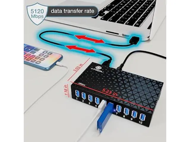 Alt view image 3 of 6 - 10 Ports USB Hub 3.0 Powered Aluminium - USB Hub Charger - Multiple Port - USB Splitter Hub with Power Adapter 12V/5A/60W - for Laptop, PC,Flash Drives, HDD,Hard Drive,Mouse,XPS,Xbox,Keyboard