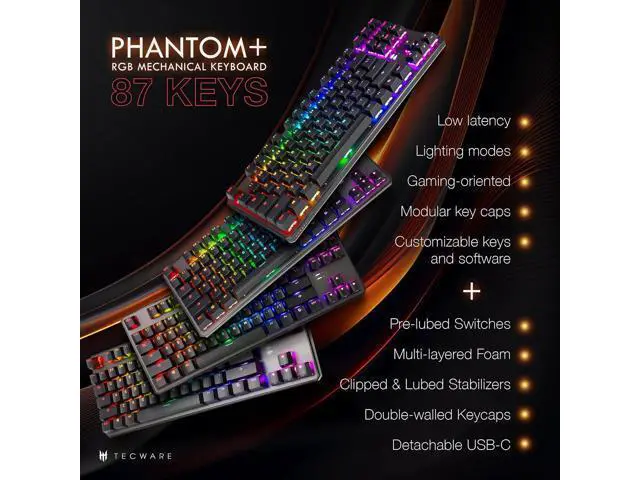 Alt view image 3 of 7 - TECWARE Phantom+ 87 Key Mechanical Gaming Keyboard, RGB led, TKL 75% Keyboard, Thocky Sounding, Wraith Red Switch