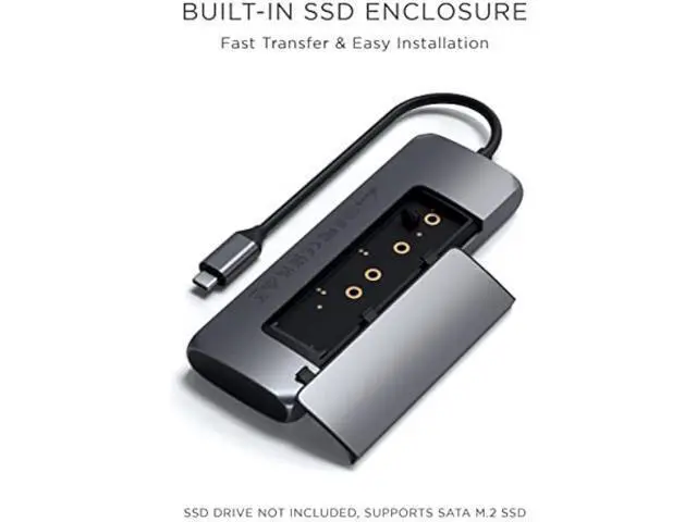 Alt view image 2 of 5 - Satechi USB C Hub Multiport Adapter with M.2 SATA SSD Enclosure, 4K HDMI, 100W USB C PD Charging, 2 USB-A Data Ports, for MacBook & Windows - Space Gray