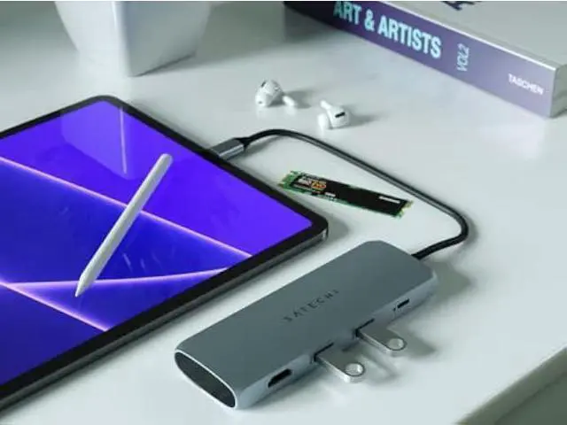 Alt view image 5 of 5 - Satechi USB C Hub Multiport Adapter with M.2 SATA SSD Enclosure, 4K HDMI, 100W USB C PD Charging, 2 USB-A Data Ports, for MacBook & Windows - Space Gray