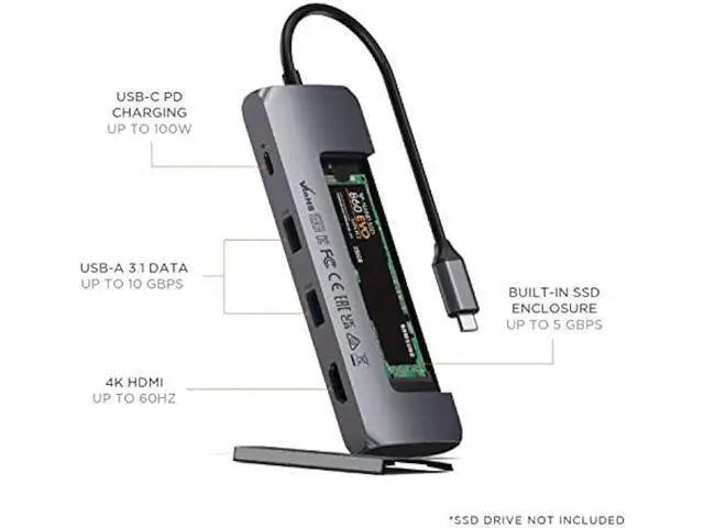 Alt view image 4 of 5 - Satechi USB C Hub Multiport Adapter with M.2 SATA SSD Enclosure, 4K HDMI, 100W USB C PD Charging, 2 USB-A Data Ports, for MacBook & Windows - Space Gray