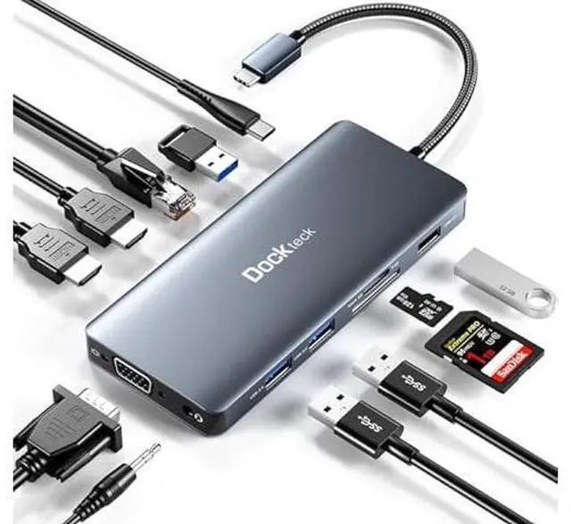 Main image of USB C Docking Station, dockteck 12 in 1 USB C Hub Adapter with 2 HDMI 4K, VGA, Ethernet, 4 USB-A Ports, Audio, 100W PD, SD/TF Card Reader for MacBook Pro Air, XPS, Surface