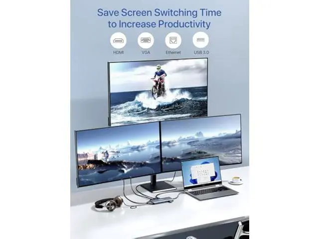 Alt view image 2 of 5 - USB C Docking Station, dockteck 12 in 1 USB C Hub Adapter with 2 HDMI 4K, VGA, Ethernet, 4 USB-A Ports, Audio, 100W PD, SD/TF Card Reader for MacBook Pro Air, XPS, Surface