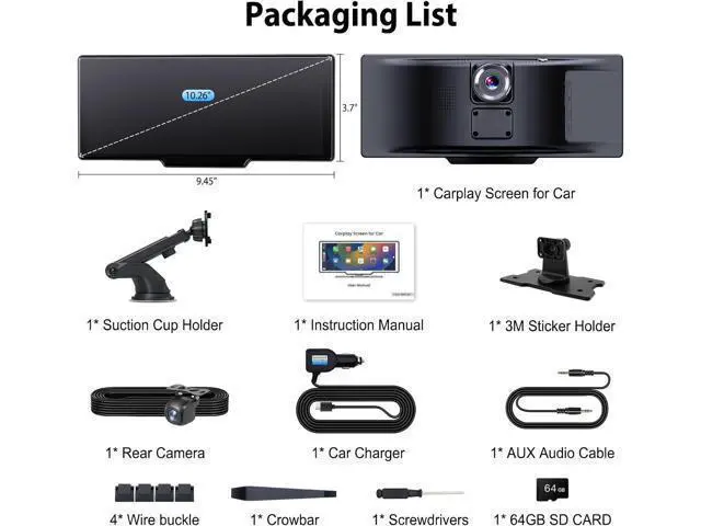 Alt view image 7 of 7 - 10.26" Wireless CarPlay Screen for Car: 4K Dash Cam & 1080P Backup Camera, Portable Touchscreen Car Stereo for Apple Carplay & Android Auto, GPS Navigation, Mirror Link, BT, FM, Voice Control