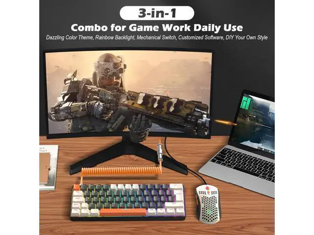 Alt view image 7 of 7 - ZIYOU LANG RK-T60 Wired Mechanical Gaming Keyboard and Mouse Combo Portable with Rainbow Backlit 62Key NKRO 6400DPI RGB Honeycomb Mice Coiled Aviator Cable for PS4/PC/WIN Gamer(Dark Gray/Blue Switch)