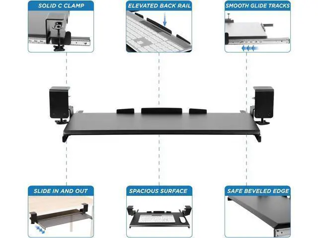 Alt view image 4 of 7 - Mount-It! Clamp-On Under Desk Keyboard Tray, No-Drill Slide-Out Keyboard & Mouse Platform, 27" W × 11" D, Ergonomic Keyboard Drawer for Home Office, Fits Desks up to 2.5" Thick