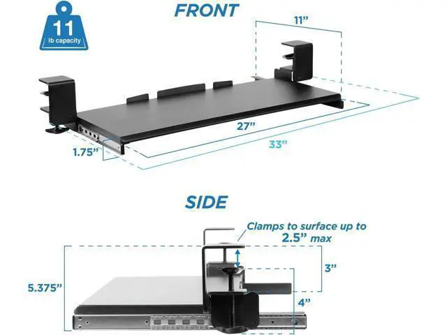 Alt view image 5 of 7 - Mount-It! Clamp-On Under Desk Keyboard Tray, No-Drill Slide-Out Keyboard & Mouse Platform, 27" W × 11" D, Ergonomic Keyboard Drawer for Home Office, Fits Desks up to 2.5" Thick