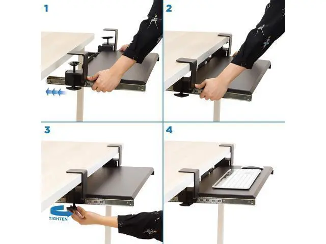 Alt view image 7 of 7 - Mount-It! Clamp-On Under Desk Keyboard Tray, No-Drill Slide-Out Keyboard & Mouse Platform, 27" W × 11" D, Ergonomic Keyboard Drawer for Home Office, Fits Desks up to 2.5" Thick