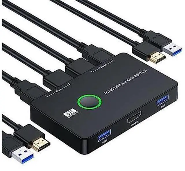 Main image of KVM Switch HDMI, Upgraded USB and HDMI KVM Switch for 2 Computers Share Keyboard Mouse Printer to One HD Monitor, Supports 4K@60 Hz, 2 HDMI Cables and 2 USB Cables Included