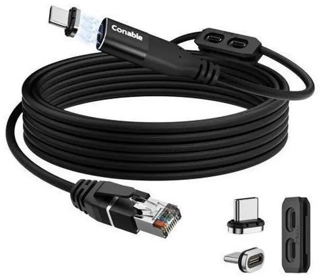 Main image of Magnetic USB C to Ethernet Cable 6FT, USB Type-C to RJ45 Braided Cable, Gigabit, Directly Connected, Compatible with MacBook, iPad Pro, XPS, Surface Pro, Laptop, PC with 2 USB-C Plugs and 1 Holder