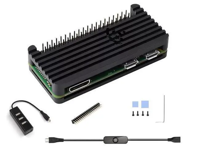 Main image of Pi Zero 2 W Aluminum Case Kit with Passive Cooling, 4-Port USB OTG Hub, On/Off Power Switch Cable, Pin Header, Hexwrench, Thermal Pad (7 Items)