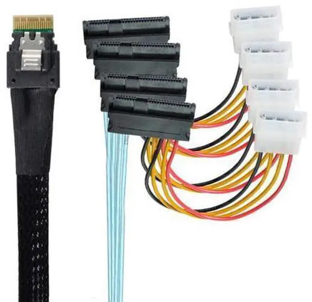 Main image of Internal Slimline SAS HD SFF-8654 Host Controller to 4 SFF-8482 Target SAS Hard Disk and SATA Power Breakout Fanout Cable (100cm)