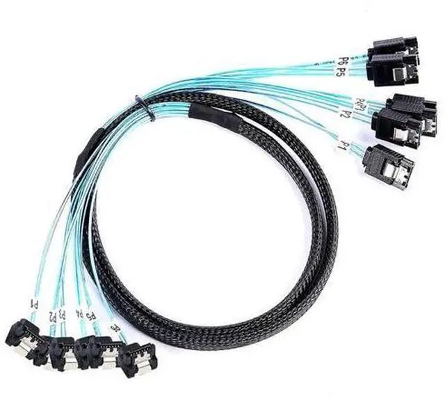 Main image of 6X SATA 7-Pin Straight to 6X SATA 90° Right Angle Cable 12Gbps High-Speed SSD/HDD Data Cable with Locking Latch, 30AWG Copper Wire (1m)