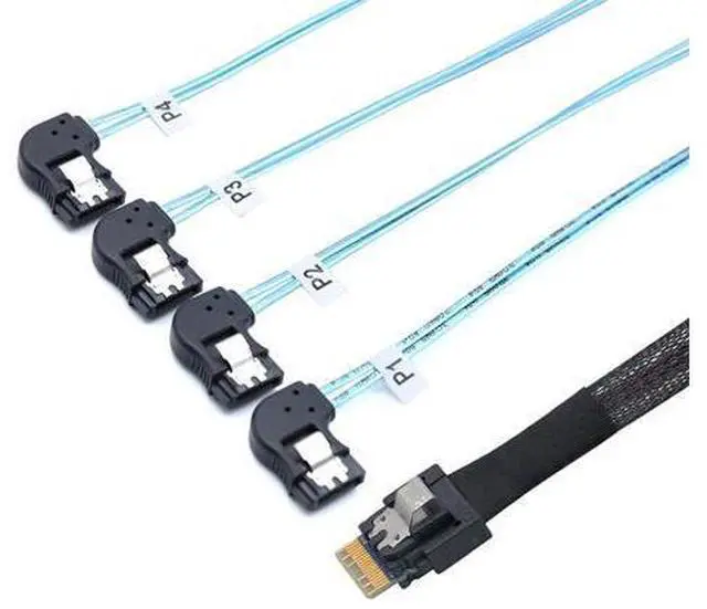 Main image of PCIE Slimline SAS 4.0 SFF-8654 38Pin to 4* SATA 7Pin Left Angle Cable High Speed 30AWG Server Data Transfer Cable Compatible with RAID Controller, HDD, SSD (1m/39.37in)