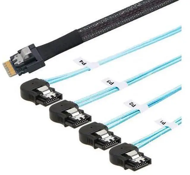 Main image of PCIE Slimline SAS 4.0 SFF-8654 38Pin to 4* SATA 7Pin Left Angle Cable High Speed 30AWG Server Data Transfer Cable Compatible with RAID Controller, HDD, SSD (0.5M/19.68in)