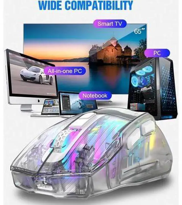 Main image of Wireless Gaming Mice with Transparent Crystal Shell, Tri-Modes (USB Wired + 2.4G Wireless+ Bluetooth), Silent Click, Rechargeable Wireless Mouse with RGB Backlit- White