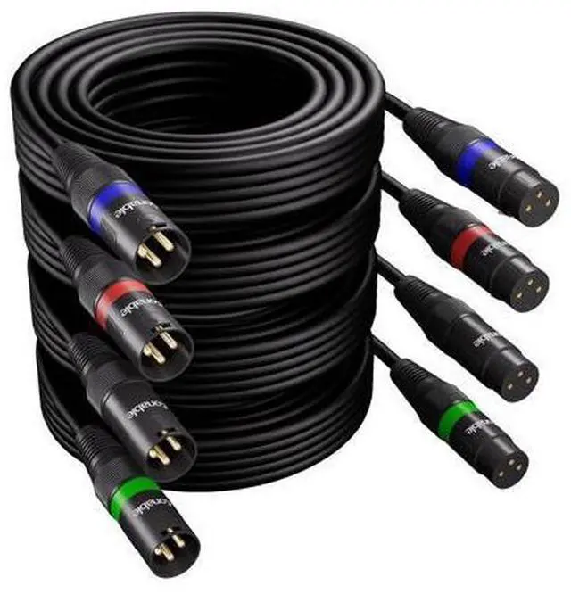 Main image of XLR to XLR Cables (10FT Each, 4 Pack), 3 Pin Male to Female Microphone Cable, Balanced Shielded Mic Cord, Color-Coded Rings, Gold-Plated Pins, 22AWG OFC, for Mixer, Speaker, Recording Studio, Podcast
