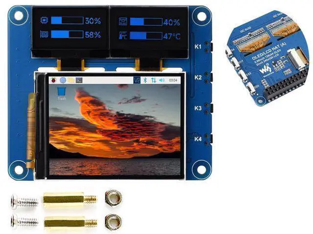 Main image of OLED/LCD HAT for Raspberry Pi 4B/3B+/3B/2B/ Pi Zero/Zero W/Zero WH/Raspberry Pi Zero 2W, Onboard 2inch IPS LCD Main Screen SPI Interface and Dual 0.96inch Blue OLED Secondary Screen I2C Interface