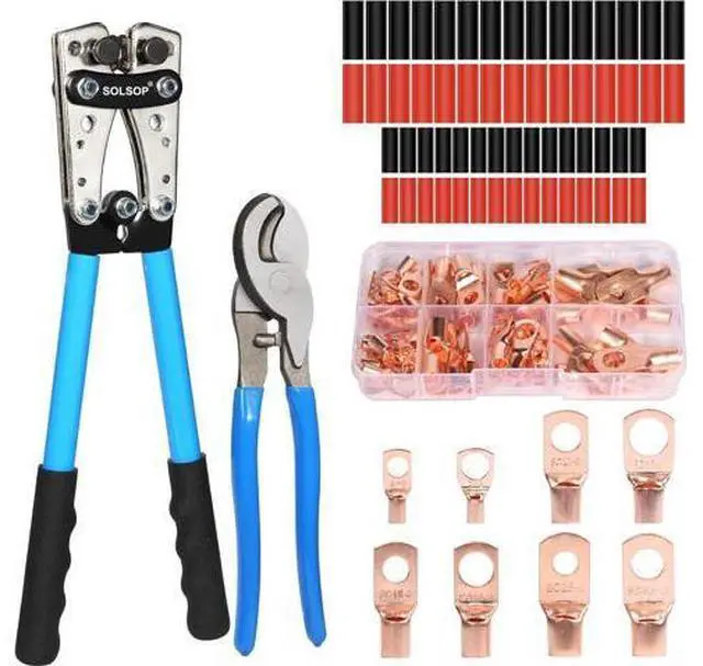 Main image of Battery Cable Crimper Tool for AWG 10, 8, 6, 4, 2, 1/0 Gauge Electrical Lug, Battery Lug Crimping Tool with 62PCS Copper Wire Lugs and Heat Shrink Tubing, Cable Cutter