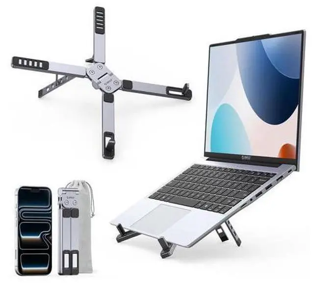 Main image of Portable Laptop Stand for Travel & Desk, Ultra-Compact Foldable Aluminum 3-in-1 Riser for Laptop, Tablet & Phone, 5 Adjustable Heights, Compatible with MacBook/HP/Dell/iPad/iPhone PN1 (Gray)
