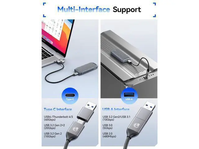 Alt view image 5 of 7 - USB4 40Gbps M.2 SSD Enclosure, Supports Up to 8TB M.2 NVMe SSDs, Finned Aluminum Alloy Case, USB-C to USB-A&C 2-in-1 Cable, Plug and Play, Compatible with Thunderbolt 3/4, USB 3.2/3.1/3.0- M2V01