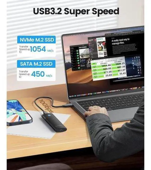 Alt view image 3 of 7 - Dual M.2 NVMe SSD Enclosure, USB C to M2 Adapter for M Key PCIe 2230/2242/2260/2280 M.2 SSDs,Tool-Free Installation Aluminum M.2 Reader Support Trim and UASP up to 2x4TB