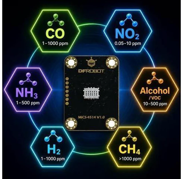 Alt view image 2 of 7 - Gravity: MiCS-4514 Multi-Gas Sensor Module for Arduino / ESP32 / Raspberry Pi | I2C MEMS Air Quality Sensor Detects CO NO2 NH3 Alcohol H2 CH4 | Built-in Algorithm ppm Output for DIY IoT Projects
