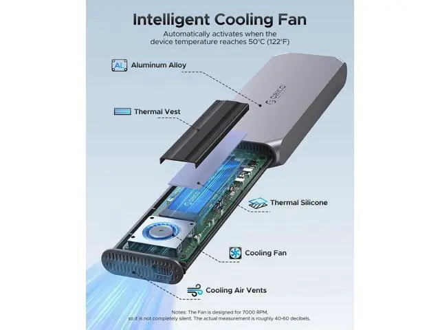 Alt view image 3 of 7 - 40Gbps M.2 NVMe SSD Enclosure with Cooling Fan, Supports up to 8TB, Thunderbolt 3/4 and USB4 Compatible, Backward Compatible with USB 3.2/3.1, M-Key SSD 2280/2260/2242/2230 - COM2-T3