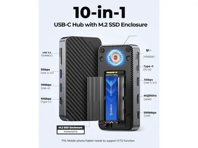 Alt view image 2 of 7 - USB C Hub with M.2 SSD Enclosure, New Upgrade ORICO 10-in-1 USB-C Docking Station with Built in fan, 10Gbps USB 3.2 Gen2 M.2 NVMe SSD Reader, Support 4K@60Hz HDMI, 100W PD, Ethernet, SD/TF - DPM2P9-V1