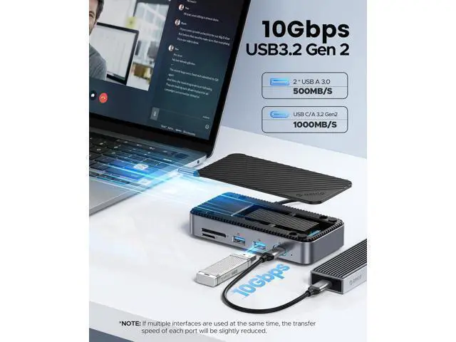 Alt view image 5 of 7 - USB C Hub with M.2 SSD Enclosure, New Upgrade ORICO 10-in-1 USB-C Docking Station with Built in fan, 10Gbps USB 3.2 Gen2 M.2 NVMe SSD Reader, Support 4K@60Hz HDMI, 100W PD, Ethernet, SD/TF - DPM2P9-V1