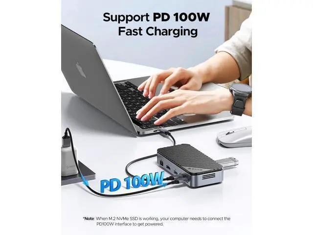 Alt view image 6 of 7 - USB C Hub with M.2 SSD Enclosure, New Upgrade ORICO 10-in-1 USB-C Docking Station with Built in fan, 10Gbps USB 3.2 Gen2 M.2 NVMe SSD Reader, Support 4K@60Hz HDMI, 100W PD, Ethernet, SD/TF - DPM2P9-V1
