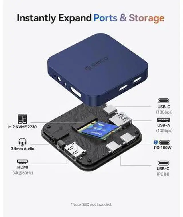 Alt view image 2 of 7 - 10Gbps Magnetic M.2 Docking Station, 6-in-1 USB C HUB & M.2 2230 NVMe Enclosure with HDMI 4K@60Hz, USB-A&C 3.2, 100W PD, AUX, USBC Dock for iPhone 17/16/15 Pro/Pro Max
