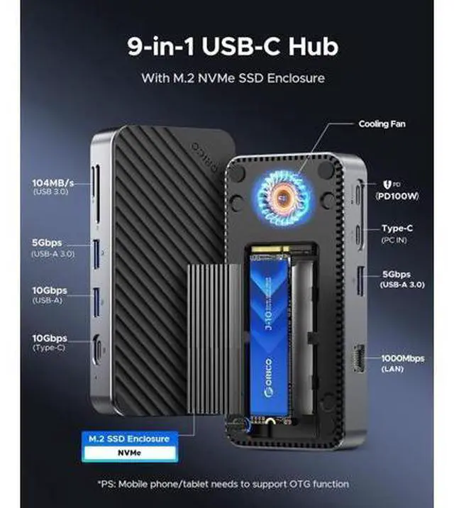 Alt view image 2 of 7 - 9-in-1 USB C Hub with M.2 NVMe SSD Enclosure 10Gbps, Tool Free Hub Docking Station Adapter with Built-in Fan, Gigabit Ethernet, 100W PD, SD/TF, Type C & USB A for Laptop MacBook Mac mini -M2P7