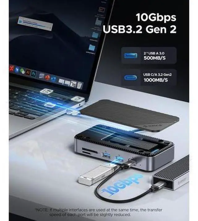 Alt view image 4 of 7 - 9-in-1 USB C Hub with M.2 NVMe SSD Enclosure 10Gbps, Tool Free Hub Docking Station Adapter with Built-in Fan, Gigabit Ethernet, 100W PD, SD/TF, Type C & USB A for Laptop MacBook Mac mini -M2P7