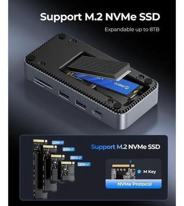Alt view image 3 of 7 - 9-in-1 USB C Hub with M.2 NVMe SSD Enclosure 10Gbps, Tool Free Hub Docking Station Adapter with Built-in Fan, Gigabit Ethernet, 100W PD, SD/TF, Type C & USB A for Laptop MacBook Mac mini -M2P7