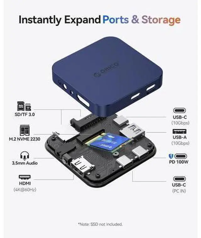 Alt view image 2 of 6 - 10Gbps Magnetic M.2 Docking Station, 8-in-1 USB C HUB & M.2 2230 NVMe Enclosure with HDMI 4K@60Hz,SD/TF, USB-A&C 3.2, 100W PD, AUX, USBC Dock for iPhone 17/16/15 Pro/Pro Max