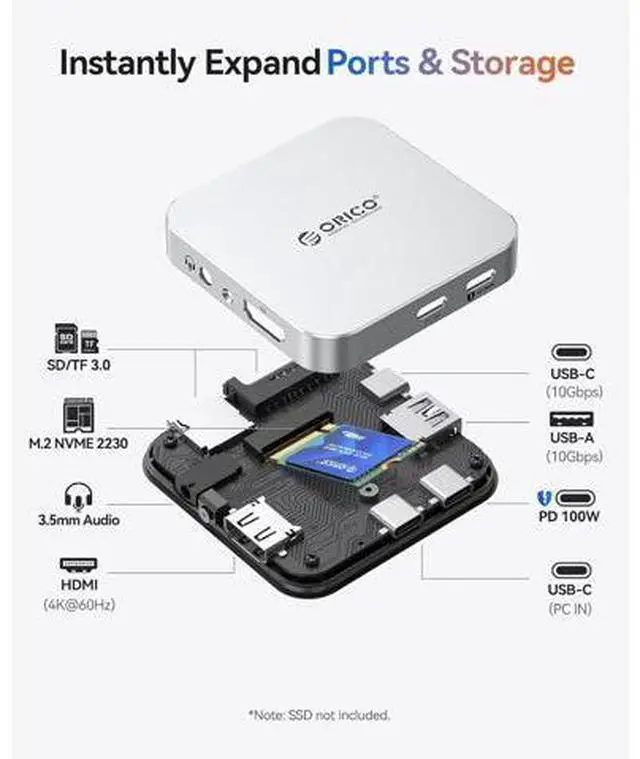 Alt view image 2 of 7 - 10Gbps Magnetic M.2 Docking Station, 8-in-1 USB C HUB & M.2 2230 NVMe Enclosure with HDMI 4K@60Hz,SD/TF, USB-A&C 3.2, 100W PD, AUX, USBC Dock for iPhone 17/16/15 Pro/Pro Max