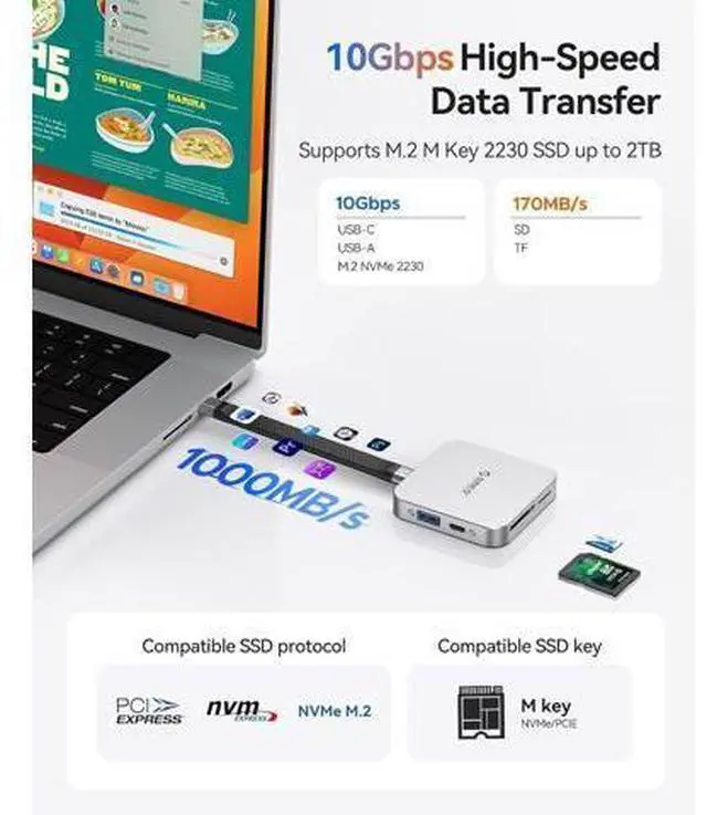 Alt view image 5 of 7 - 10Gbps Magnetic M.2 Docking Station, 8-in-1 USB C HUB & M.2 2230 NVMe Enclosure with HDMI 4K@60Hz,SD/TF, USB-A&C 3.2, 100W PD, AUX, USBC Dock for iPhone 17/16/15 Pro/Pro Max