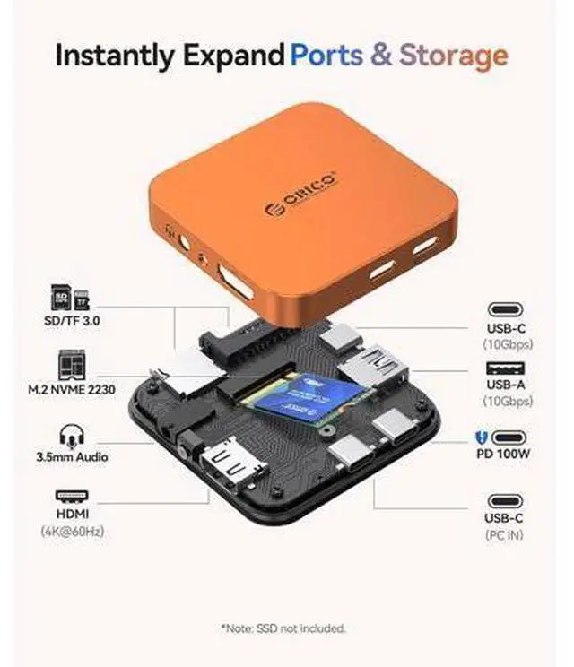 Alt view image 2 of 7 - 10Gbps Magnetic M.2 Docking Station, 8-in-1 USB C HUB & M.2 2230 NVMe Enclosure with HDMI 4K@60Hz,SD/TF, USB-A&C 3.2, 100W PD, AUX, USBC Dock for iPhone 17/16/15 Pro/Pro Max