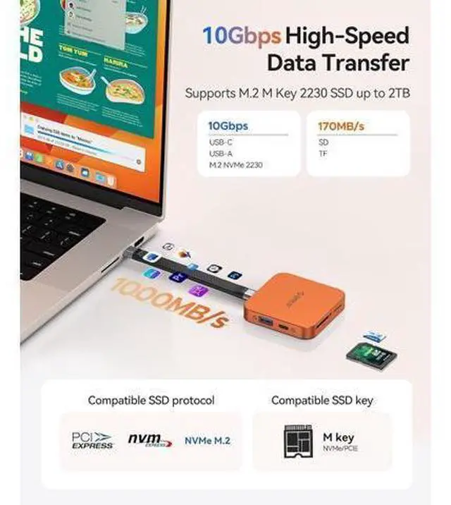 Alt view image 5 of 7 - 10Gbps Magnetic M.2 Docking Station, 8-in-1 USB C HUB & M.2 2230 NVMe Enclosure with HDMI 4K@60Hz,SD/TF, USB-A&C 3.2, 100W PD, AUX, USBC Dock for iPhone 17/16/15 Pro/Pro Max