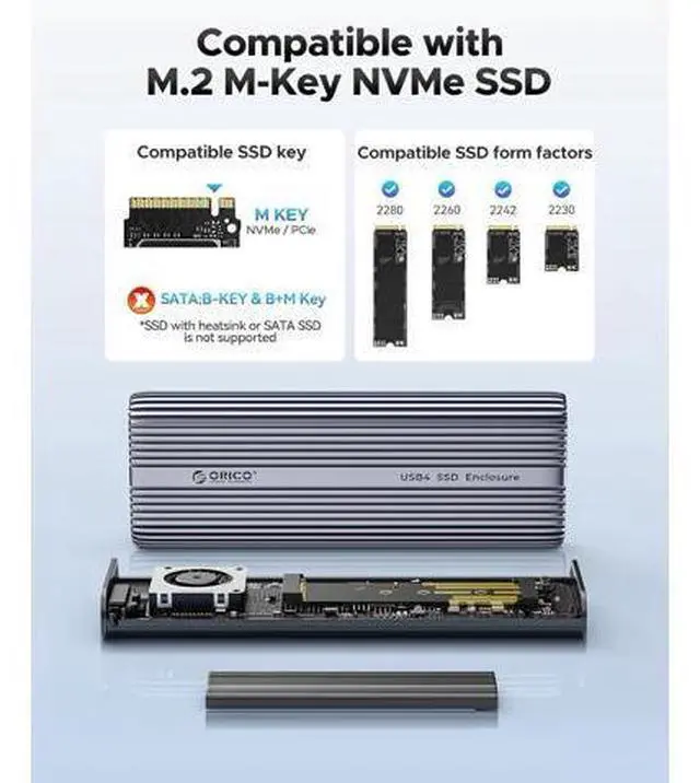 Alt view image 4 of 7 - 40Gbps M.2 NVMe SSD Enclosure with Cooling Fan, Tool Free Aluminum M.2 Adapter Compatible with Thunderbolt 4/3 USB3.2/3.1/3.0/2.0, Max 8TB Capacity-ACOM2