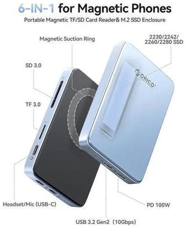 Alt view image 2 of 7 - 10Gbps USB C Hub with NVMe M.2 SSD Enclosure ProRes Recording for iPhone 17/16/15 Pro/Max/Plus with PD 100W TF/SD Card Slot for 2230-2280 SSDs B+M M-Key Diskless AP80F Green