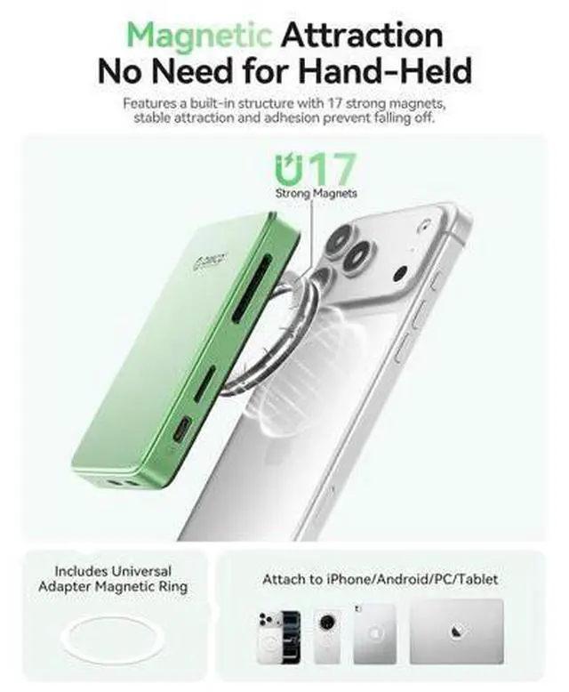 Alt view image 7 of 7 - 10Gbps USB C Hub with NVMe M.2 SSD Enclosure ProRes Recording for iPhone 17/16/15 Pro/Max/Plus with PD 100W TF/SD Card Slot for 2230-2280 SSDs B+M M-Key Diskless AP80F Green
