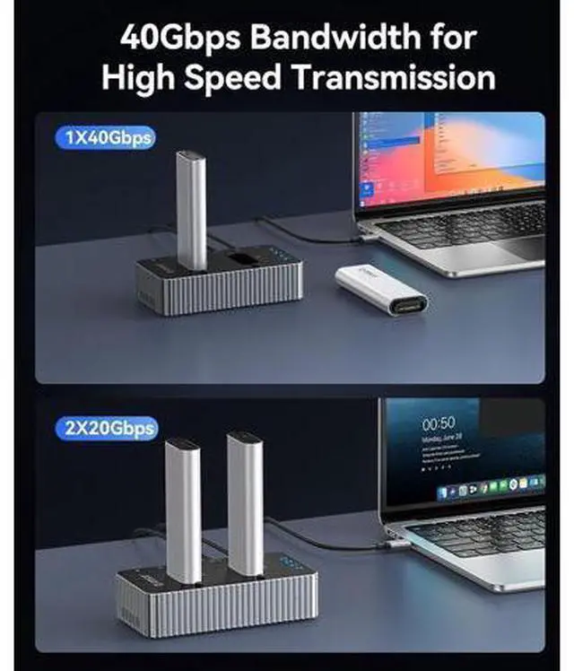 Alt view image 3 of 7 - 40Gbps M.2 NVMe Hard Drive Docking Station with Offline Clone Dual-Bay NVMe Cloner with USB C Cable for Both (M Key, B+M Key) PCIE NGFF Dock, Compatible Size 22110 2280 2260 2242 2230-IT28N